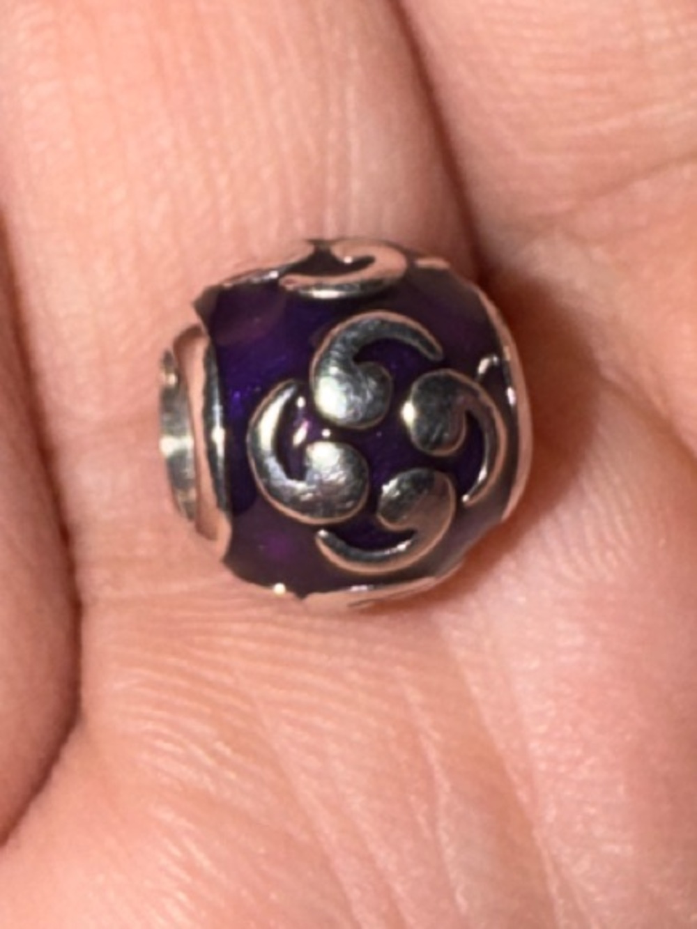 Retired Pandora Purple Enamel Bead Charm with Silver Swirl Motif